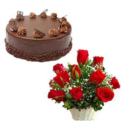"Round shape Chocolate cake - 1kg, Flower basket - Click here to View more details about this Product